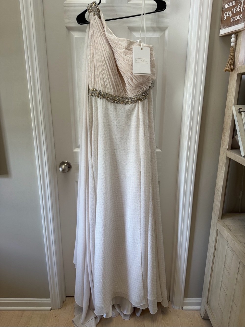 Mac Duggal One-Shoulder Ivory Evening Gown with Embellished Waist